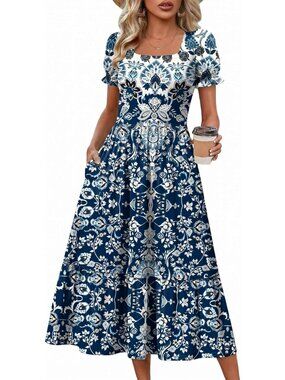 Zeagoo Women's Zink Floral Flowy Casual Short Sleeve Tiered Midi Maxi Dress